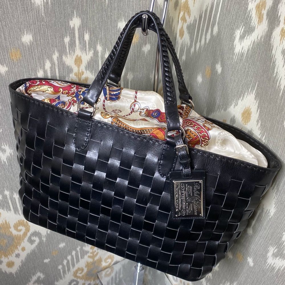 *Ralph Lauren Black Calf Leather Basketweave Shopper Tote Hand Bag